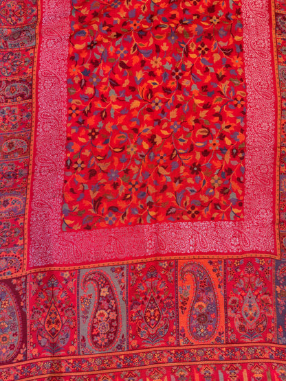 Scarlet Red Kani Zari Wool Stole with Multicolour Floral Jaal