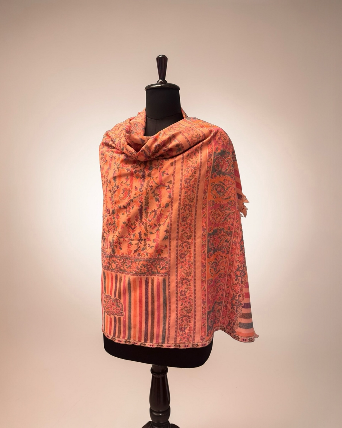 Coral Kani Wool Blend Shawl with Floral Jaal and Stripe Pallu