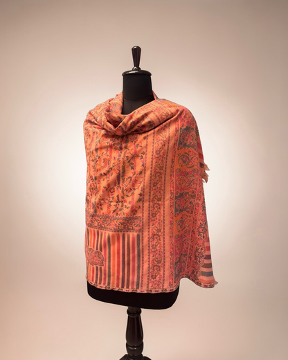 Coral Kani Wool Blend Shawl with Floral Jaal and Stripe Pallu