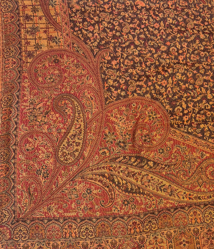 Black Wool Jamawar Shawl with Grand Paisley Field and Dense Multicolour Floral Fill