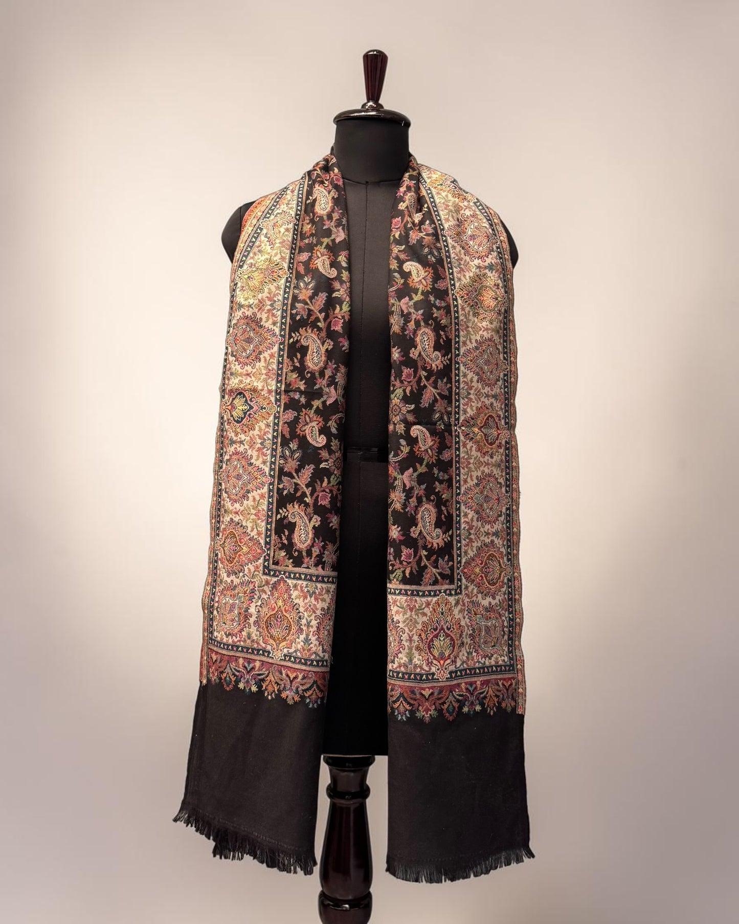Black Floral Paisley Jaal Kani Pure Wool Stole