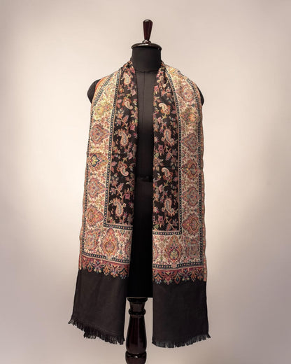 Black Floral Paisley Jaal Kani Pure Wool Stole