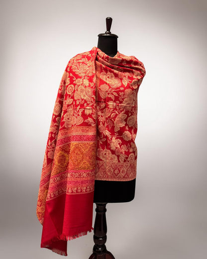 Red Wool Jamawar Shawl with All-Over Ivory Floral Field and Gold Medallion Border
