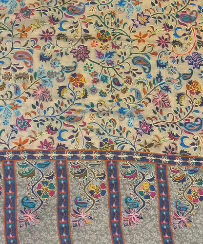 Antique Gold Kalamkari Pure Wool Shawl with Multicolour Floral Jaal
