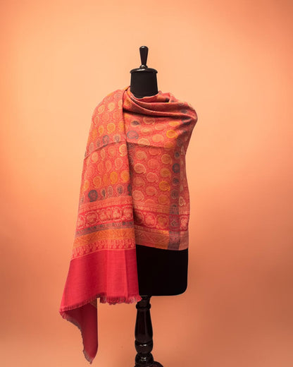 Coral Wool Jamawar Shawl with All-Over Multicolour Paisley Butti and Layered Border