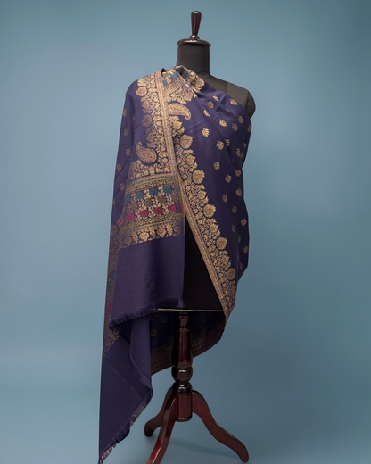 Royal Blue Wool Shawl with Gold Zari Butti and Layered Border