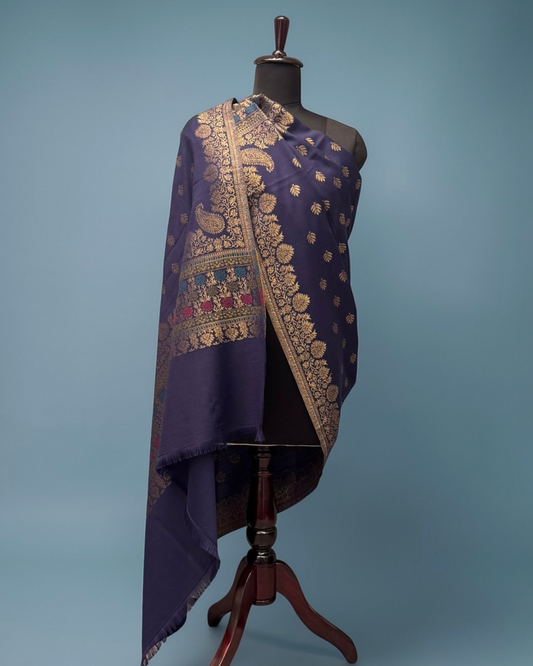 Royal Blue Wool Shawl with Gold Zari Butti and Layered Border