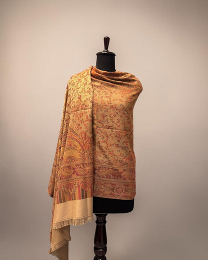 Camel Wool Jamawar Shawl with Grand Paisley Field and Multicolour Floral Scrollwork