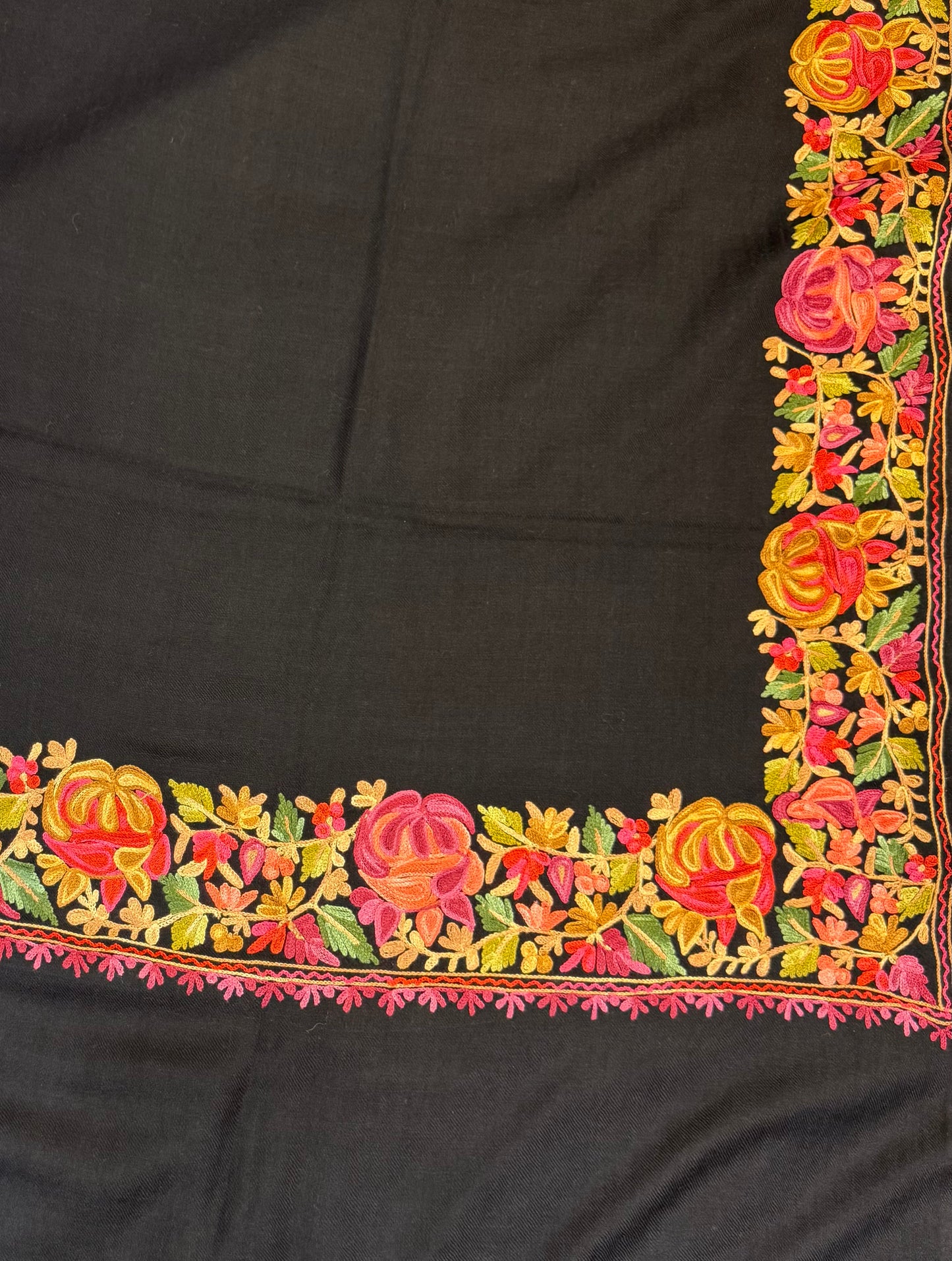 Black Pure Wool Stole with Multicolour Aari Floral Embroidery