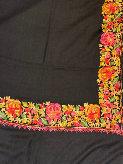 Black Pure Wool Stole with Multicolour Aari Floral Embroidery