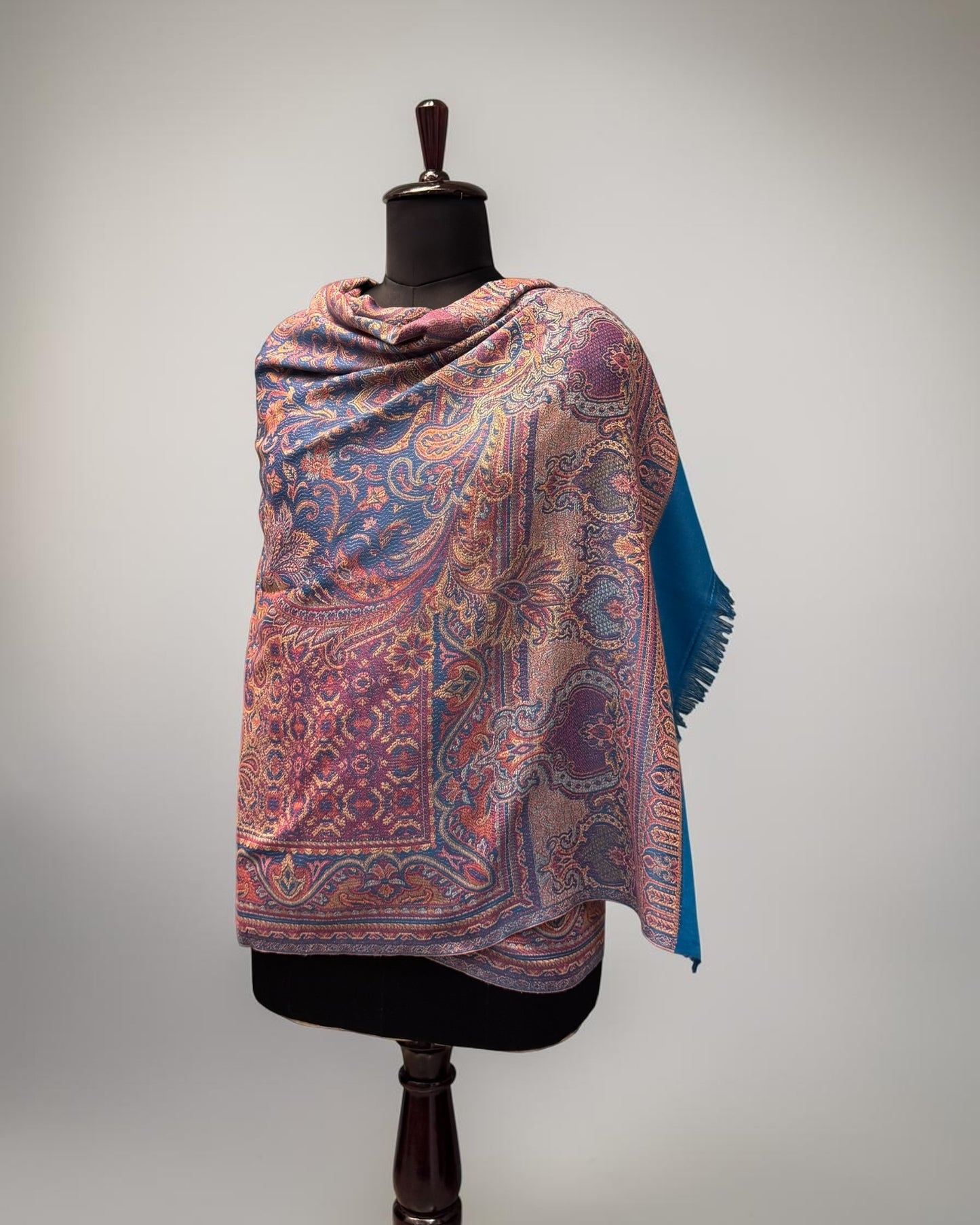 Teal Blue Wool Jamawar Shawl with Grand Paisley Field and Multicolour Floral Scrollwork