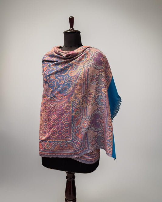 Teal Blue Wool Jamawar Shawl with Grand Paisley Field and Multicolour Floral Scrollwork