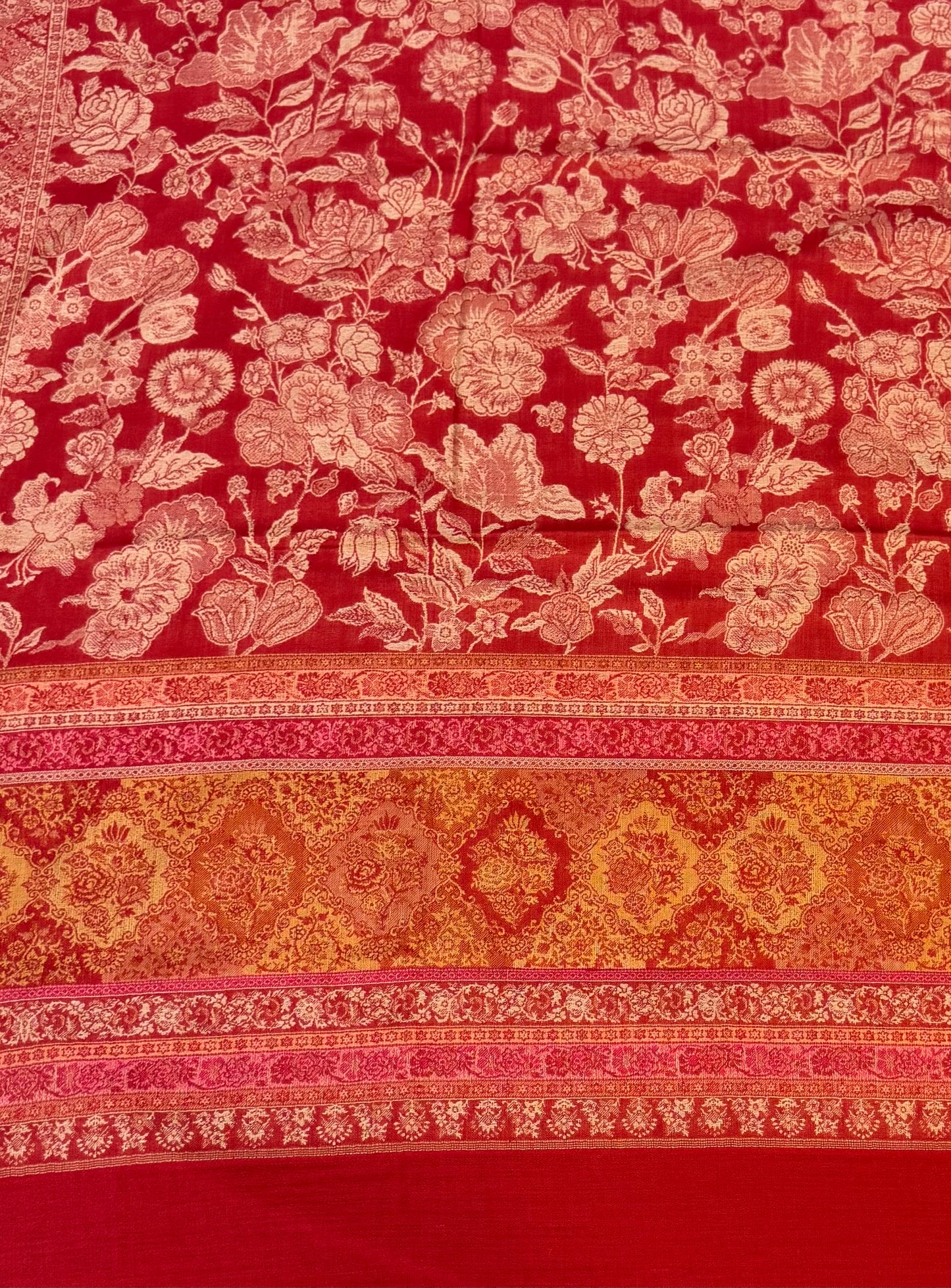 Red Wool Jamawar Shawl with All-Over Ivory Floral Field and Gold Medallion Border