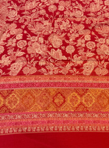 Red Wool Jamawar Shawl with All-Over Ivory Floral Field and Gold Medallion Border