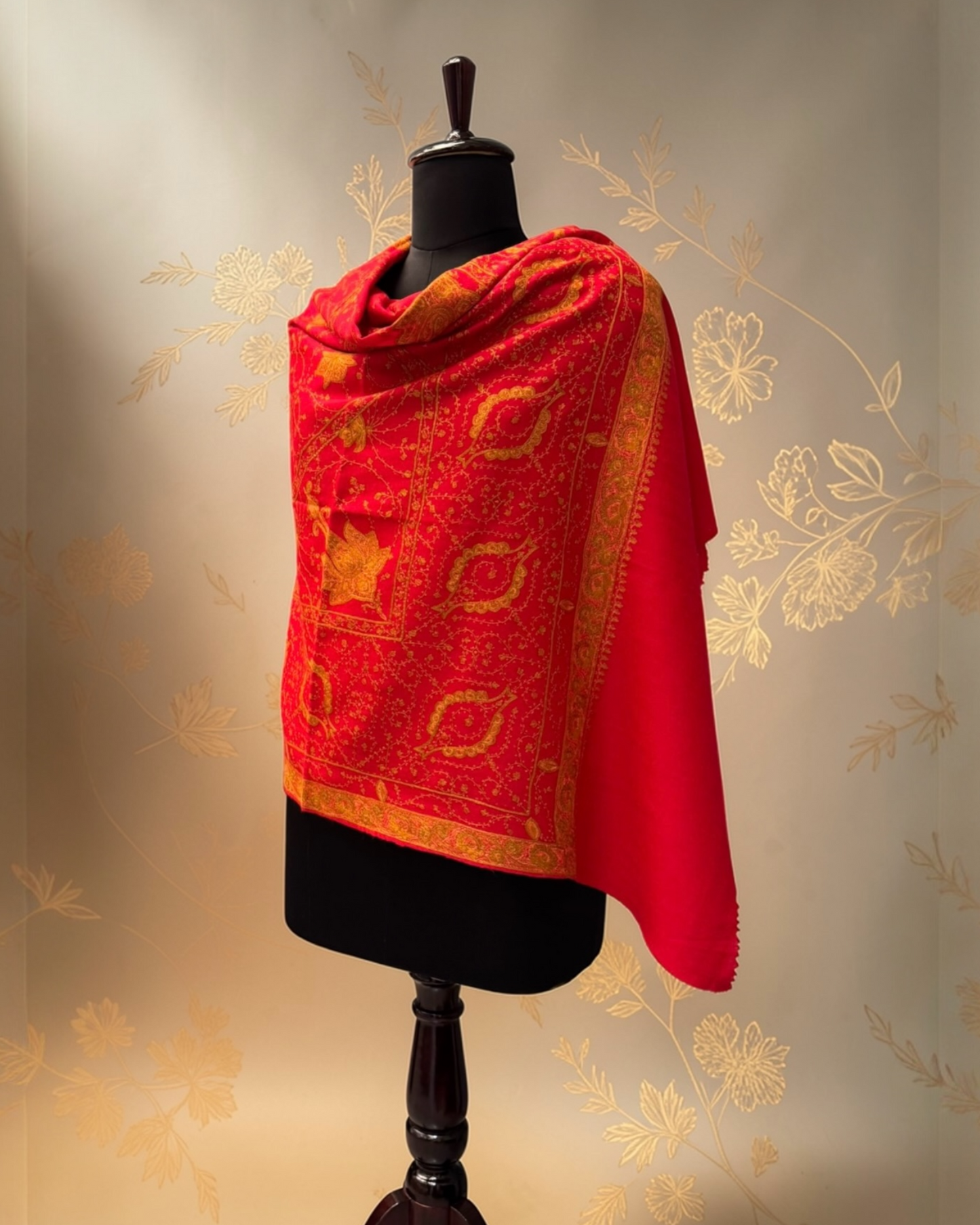 Scarlet Red Pure Wool Kashmiri Shawl with Gold Sozni Embroidery