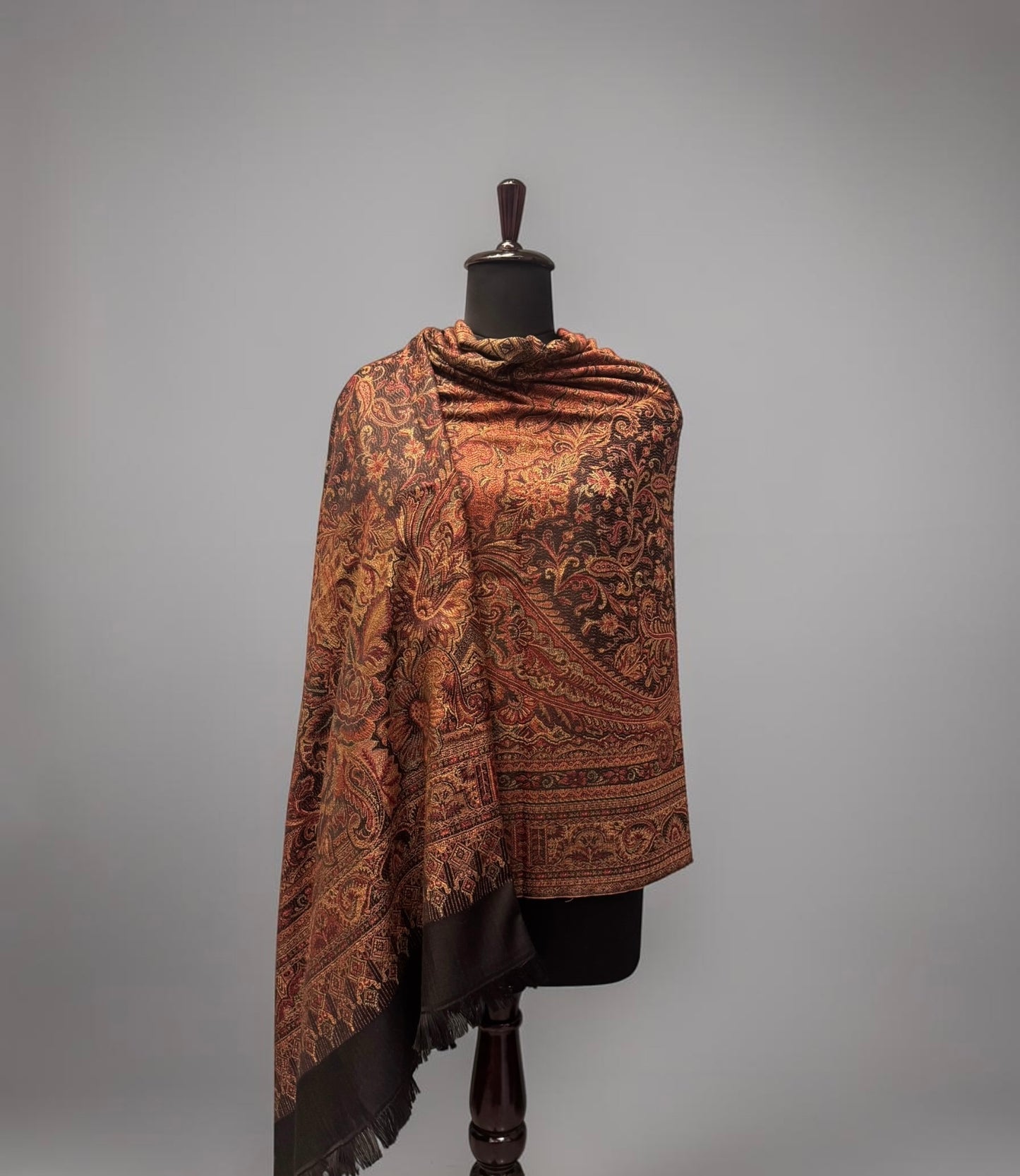 Black Ground Jamawar Wool Shawl with Dense Multicolour Floral and Paisley Weave