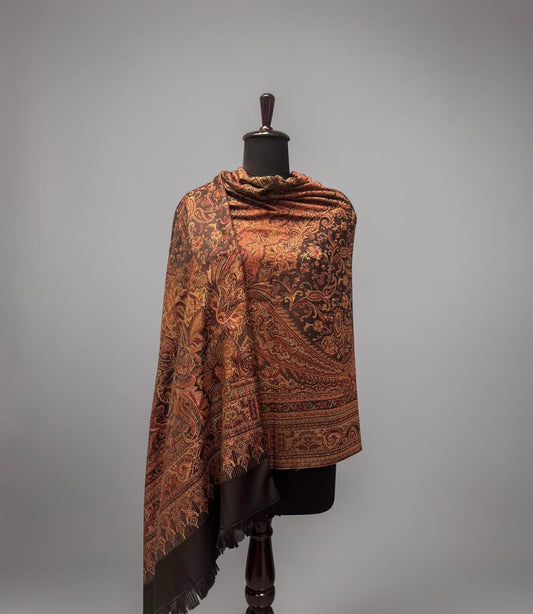 Black Ground Jamawar Wool Shawl with Dense Multicolour Floral and Paisley Weave