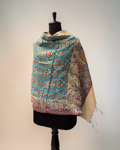 Turquoise Kani Pure Wool Stole with Arabesque Floral Jaal