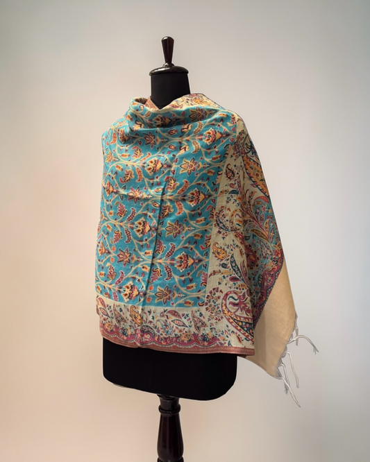 Turquoise Kani Pure Wool Stole with Arabesque Floral Jaal