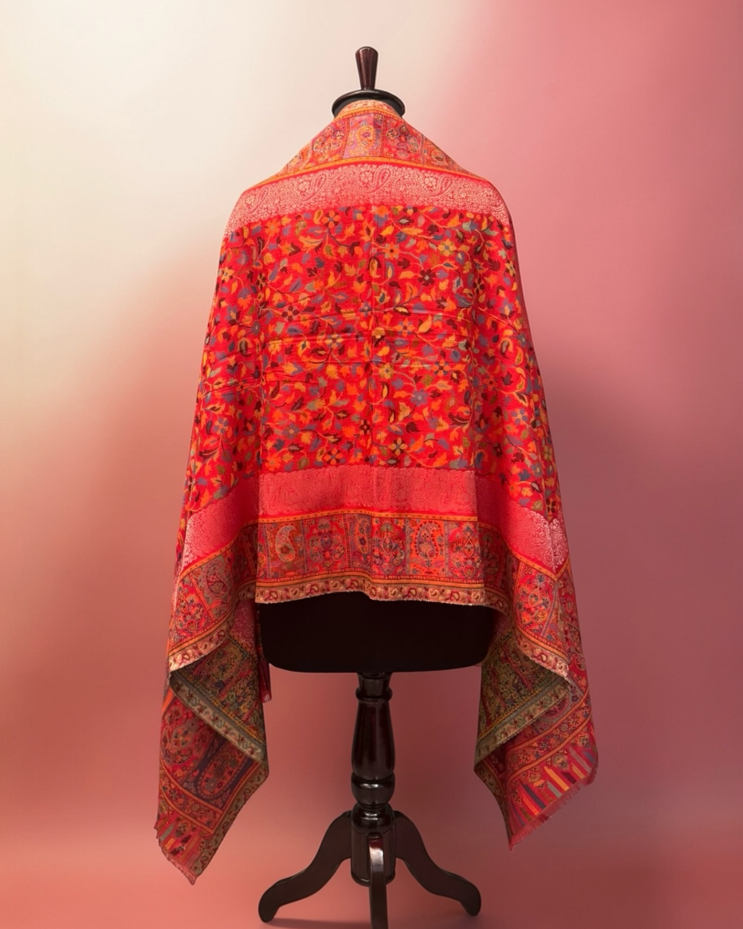 Scarlet Red Kani Zari Wool Stole with Multicolour Floral Jaal