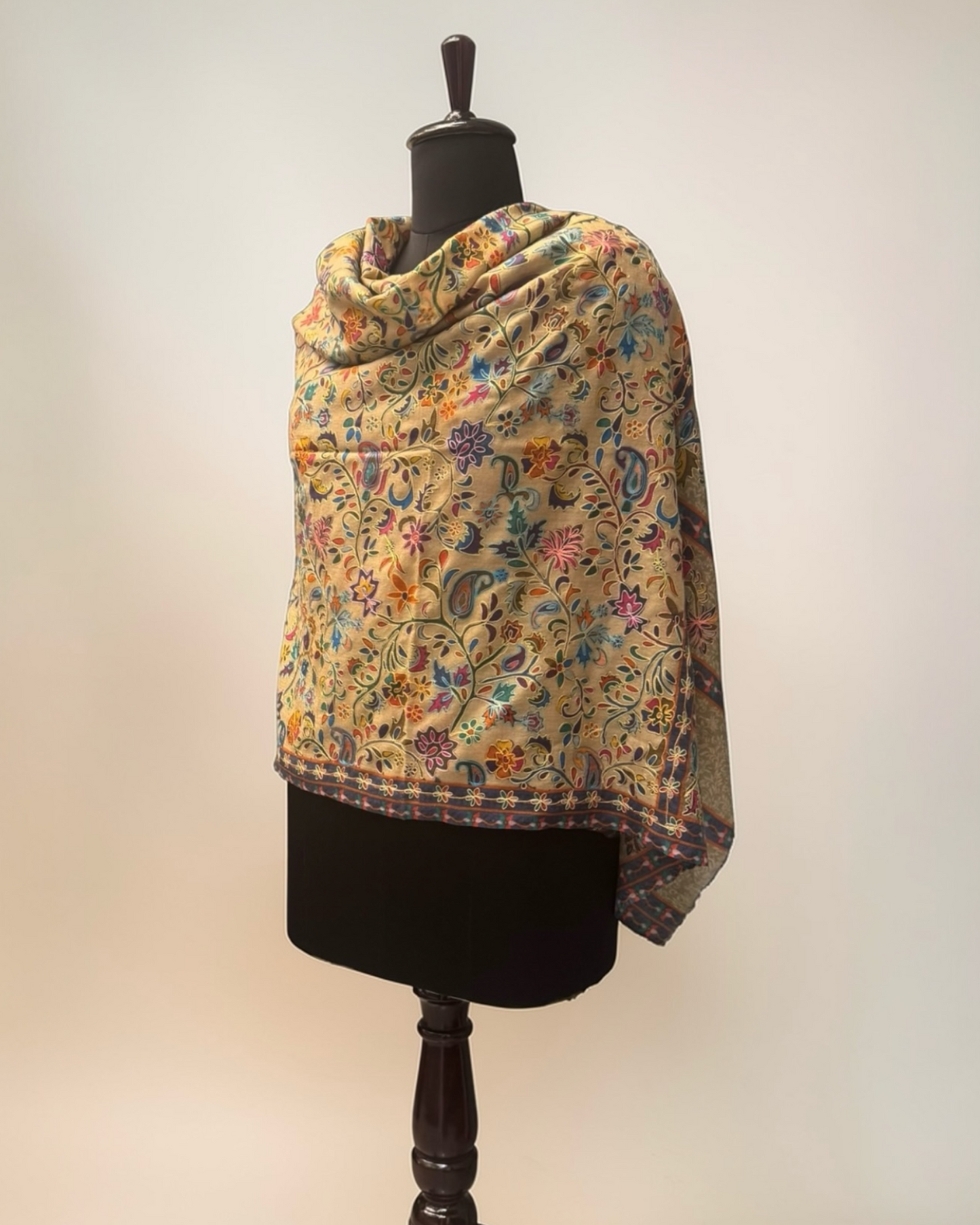 Antique Gold Kalamkari Pure Wool Shawl with Multicolour Floral Jaal