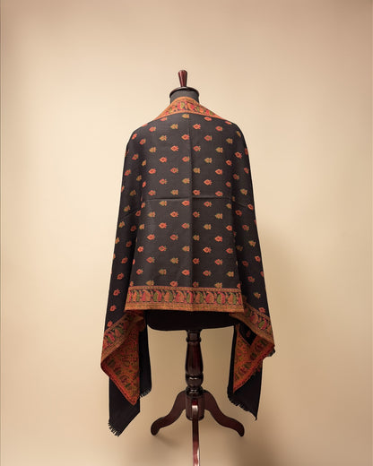 Black Pure Wool Kani Woven Stole | Scattered Buti & Floral Paisley Border