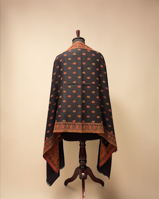 Black Pure Wool Kani Woven Stole | Scattered Buti & Floral Paisley Border