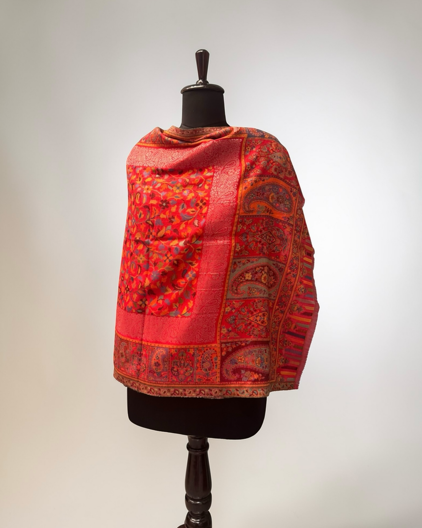 Scarlet Red Kani Zari Wool Stole with Multicolour Floral Jaal