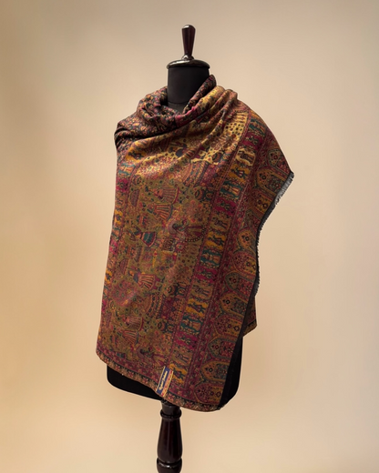 Midnight Kani Zari Wool Shawl — Rajasthani Court Pictorial