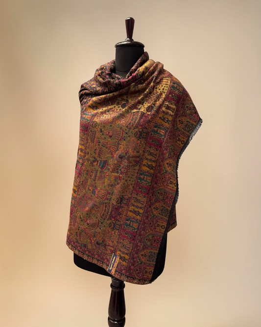 Midnight Kani Zari Wool Shawl — Rajasthani Court Pictorial