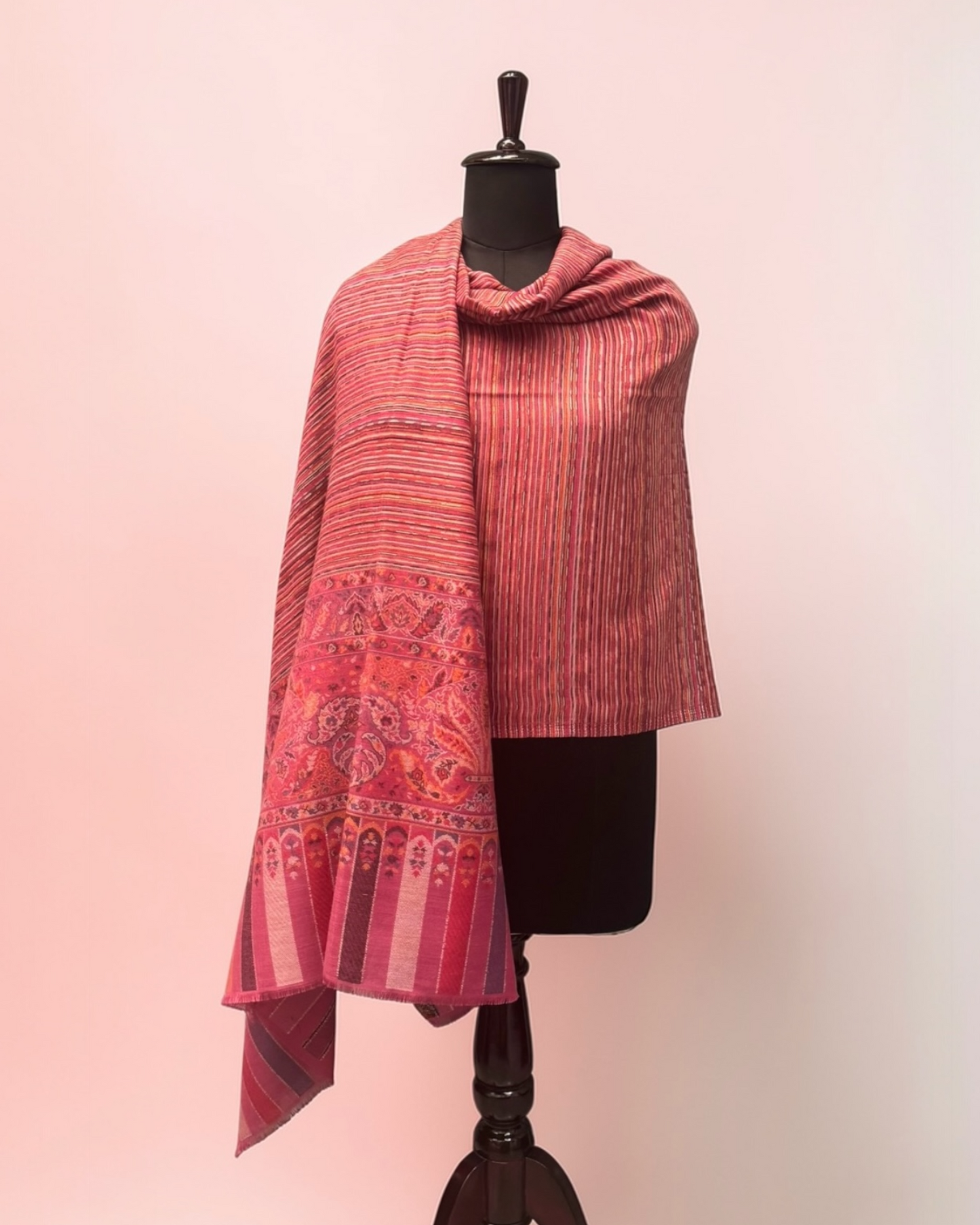 Dusty Rose Stripe Kani Wool Shawl with Paisley Border