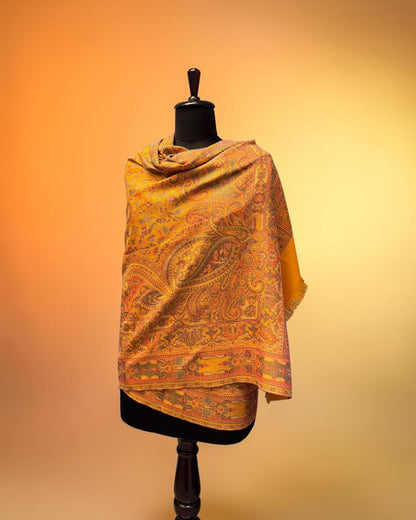 Mustard Wool Jamawar Shawl with Grand Paisley Field and Multicolour Floral Scrollwork