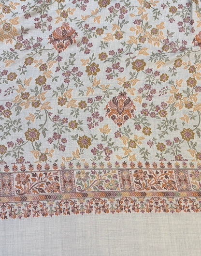 Ivory Pure Wool Kani Shawl with All-Over Floral Vine and Multicolour Botanical Field