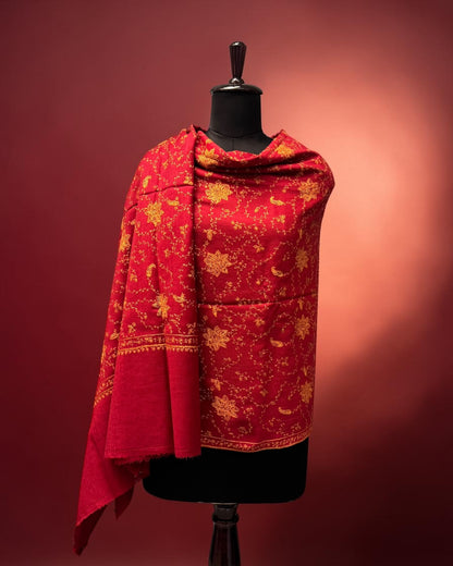 Crimson Red Pure Wool Shawl with All-Over Gold Sozni Embroidery