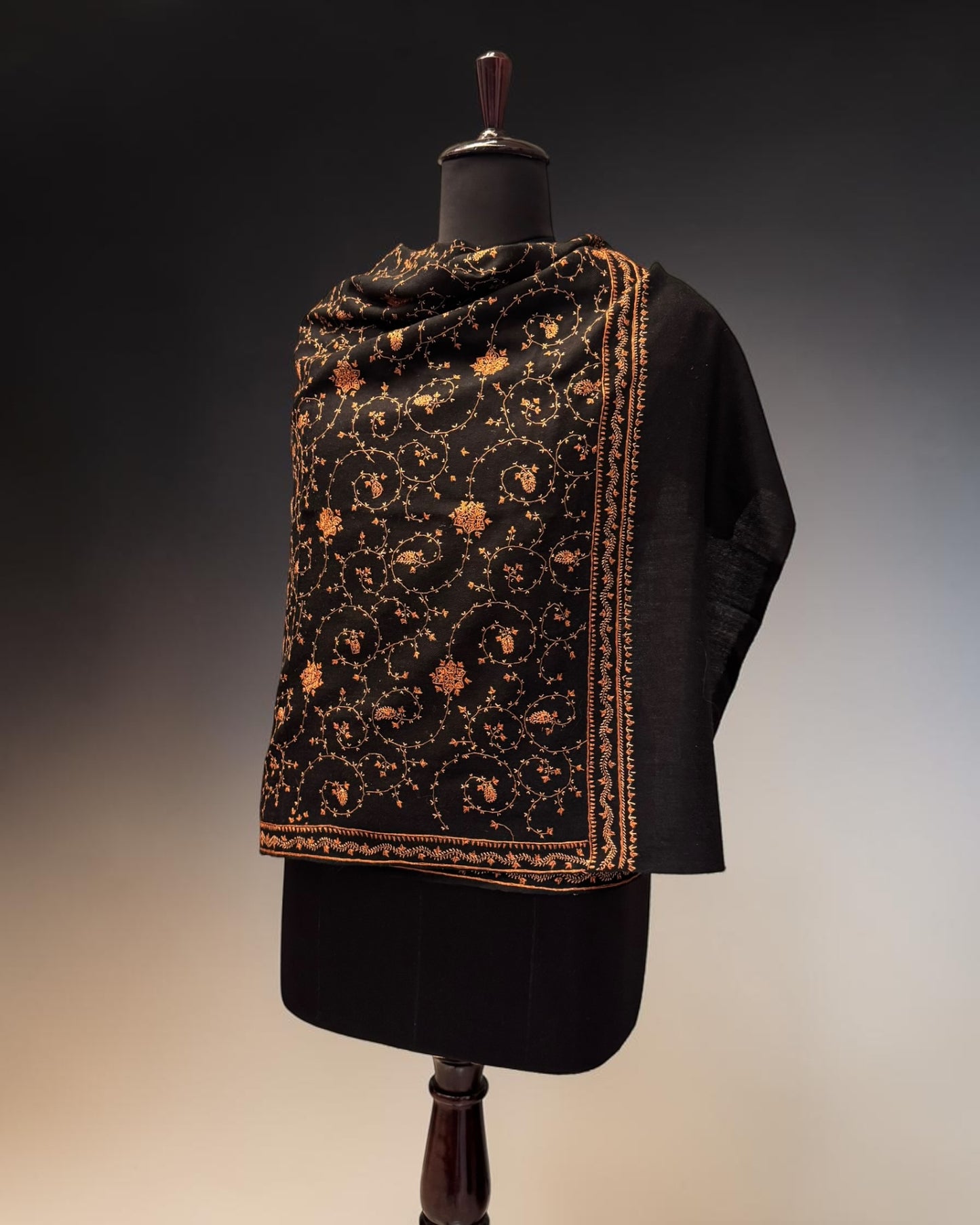Black Pure Wool Hand Embroidery Shawl with Amber Sozni Jaal Work