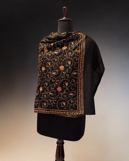 Black Pure Wool Hand Embroidery Shawl with Amber Sozni Jaal Work