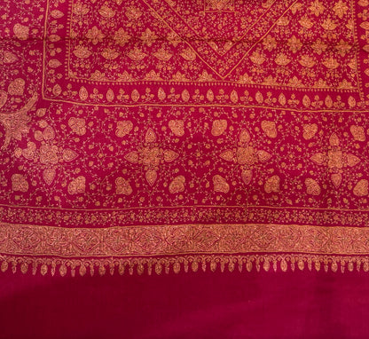 Ruby Red Pure Wool Kashmiri Shawl with All-Over Gold Hand Embroidery