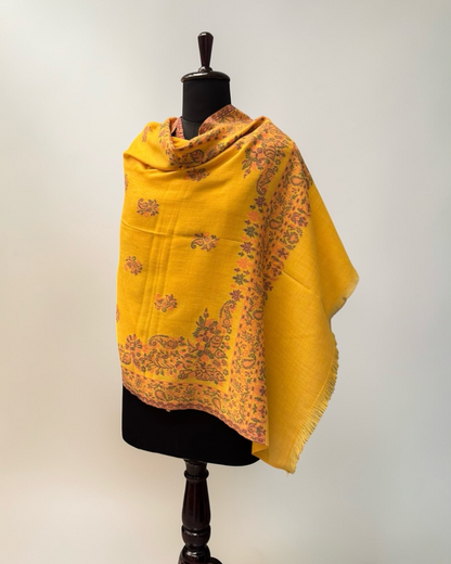 Mustard Yellow Kani Pure Wool Stole with Paisley Butti