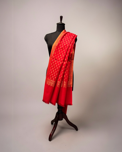 Scarlet Red Pure Wool Shawl with Gold Zari Butti