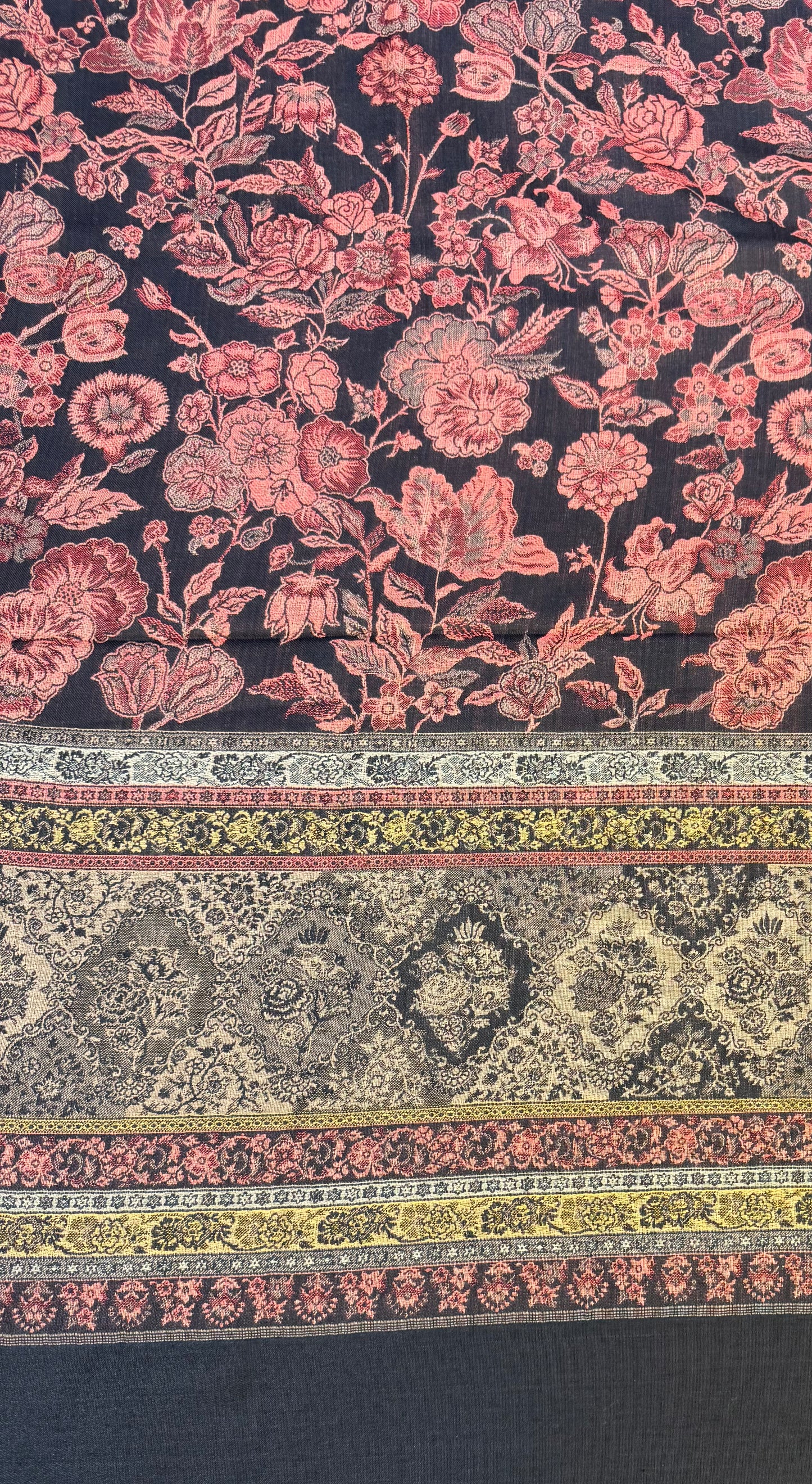 Black Wool Jamawar Shawl with Rose Pink Floral Field and Ornate Multi-Band Border