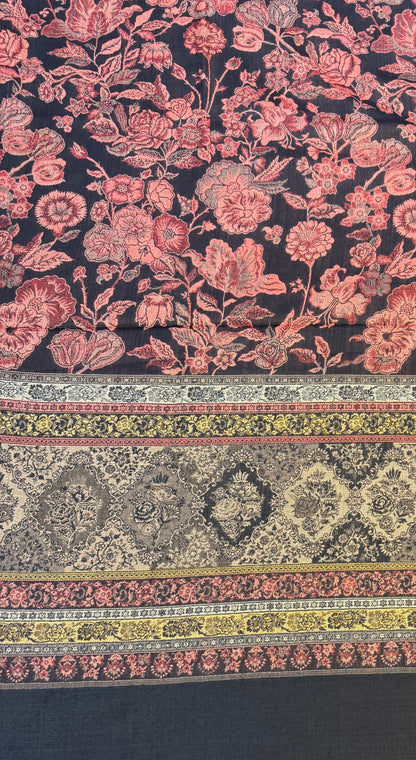 Black Wool Jamawar Shawl with Rose Pink Floral Field and Ornate Multi-Band Border