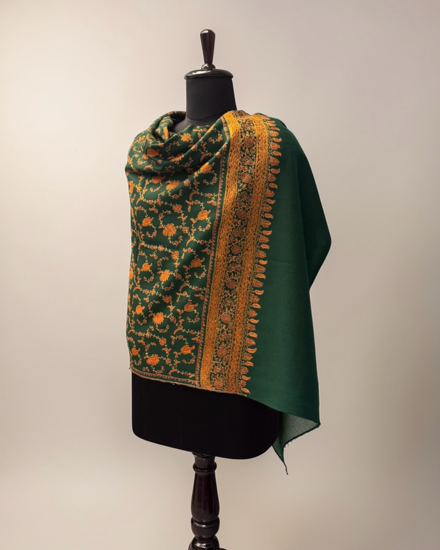 Forest Green Pure Wool Kashmiri Shawl with All-Over Gold Hand Embroidery