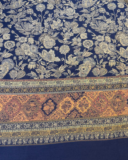 Navy Wool Jamawar Shawl with Silver Floral Field and Copper Gold Medallion Border