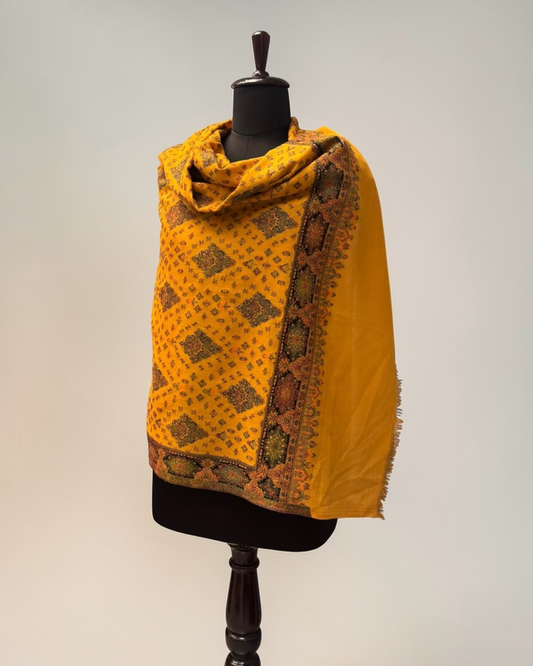 Mustard Pure Wool Kani Woven Shawl | Diamond Lattice Jaal & Navy Border