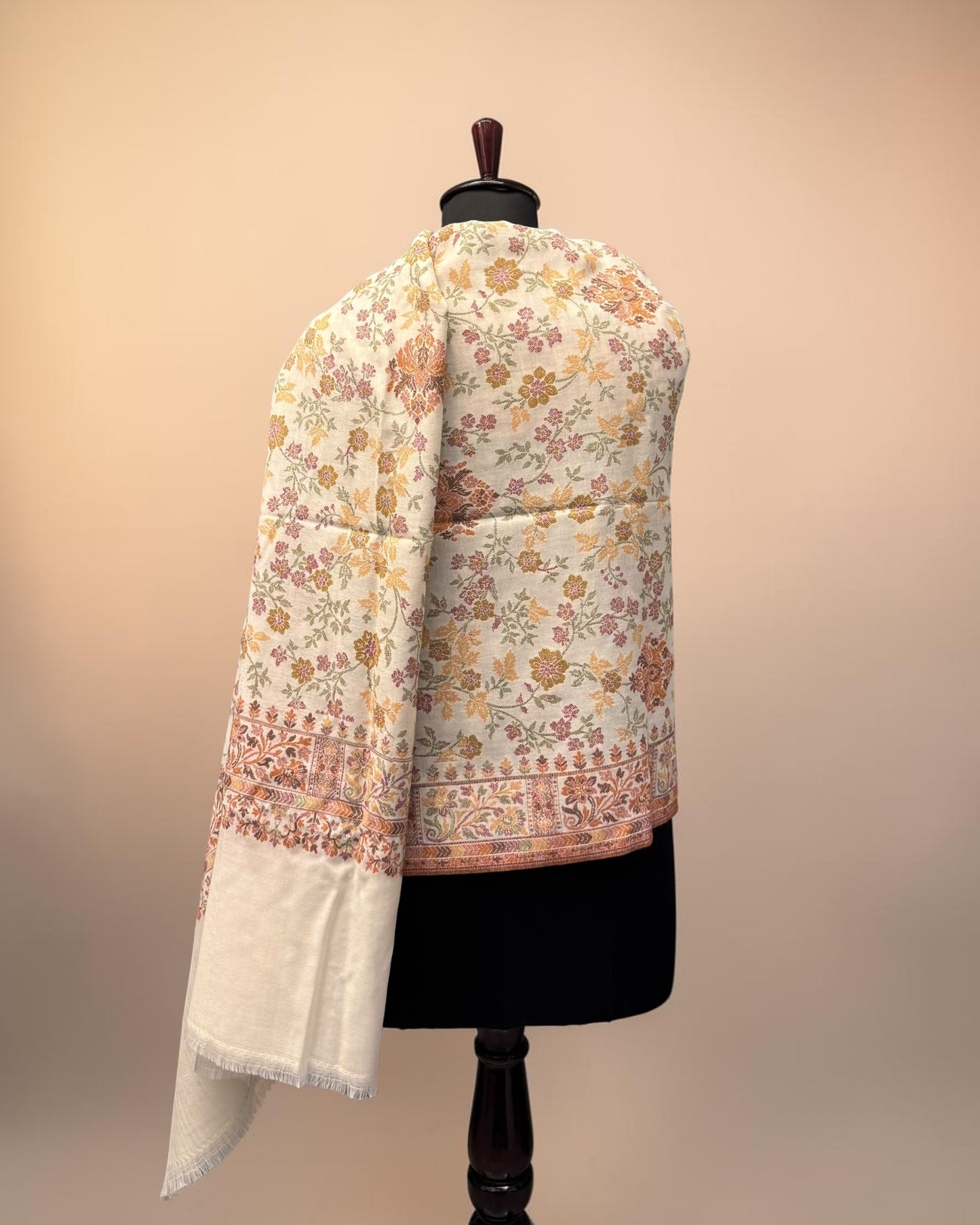 Ivory Pure Wool Kani Shawl with All-Over Floral Vine and Multicolour Botanical Field