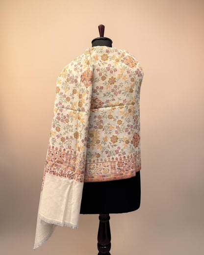 Ivory Pure Wool Kani Shawl with All-Over Floral Vine and Multicolour Botanical Field