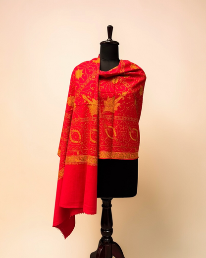 Scarlet Red Pure Wool Kashmiri Shawl with Gold Sozni Embroidery