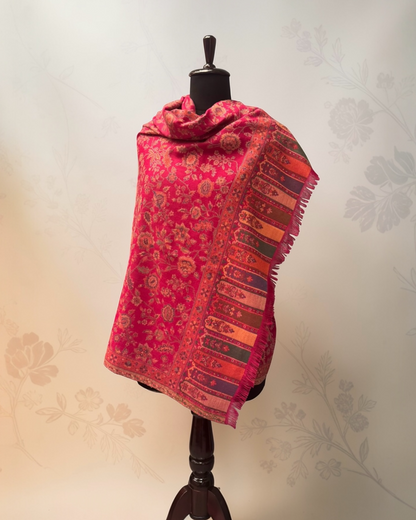 Fuchsia Kani Zari Pure Wool Shawl with Floral Jaal