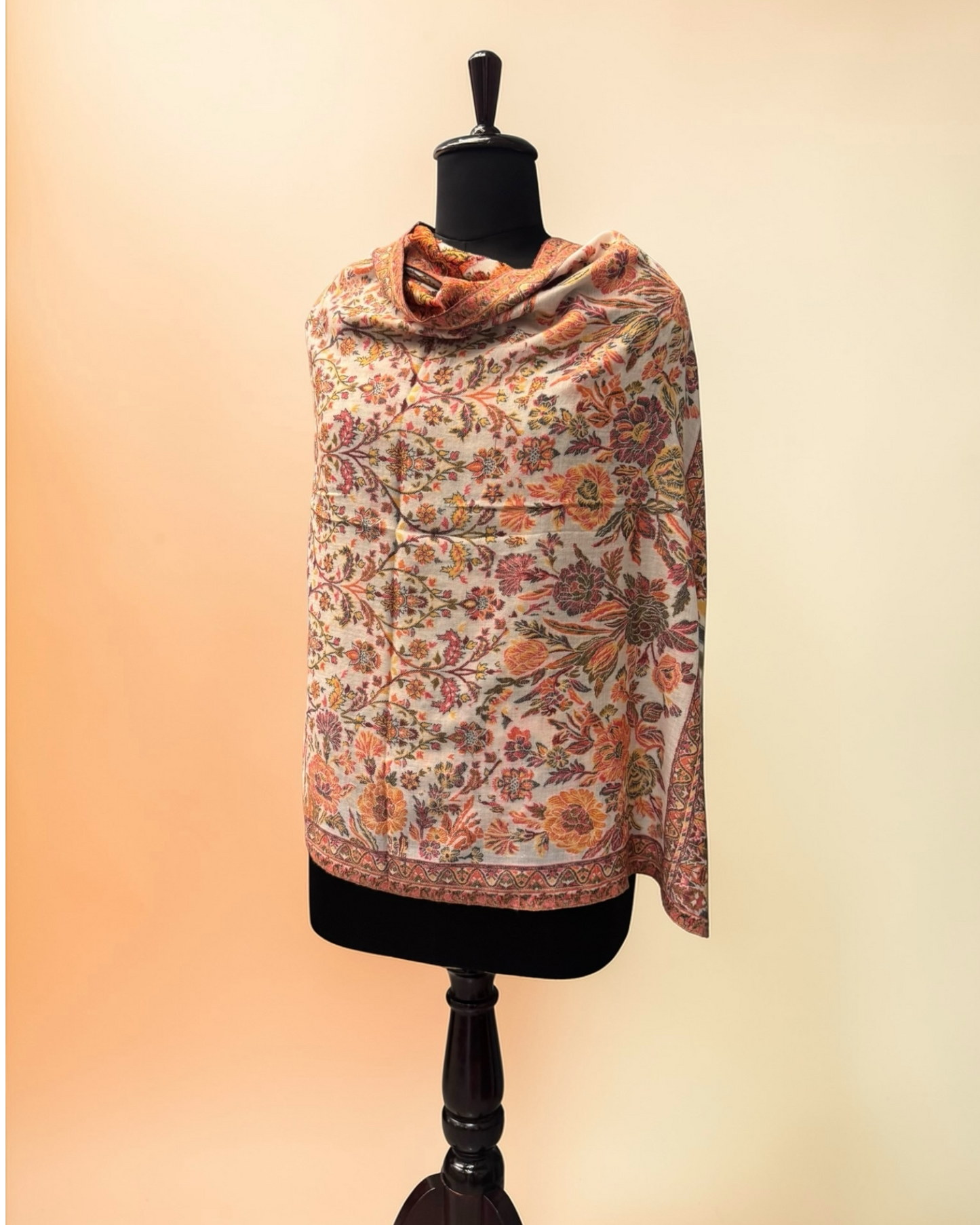 Ivory Wool Kani Woven Stole | Dense Floral Jaal & Striped Pallu