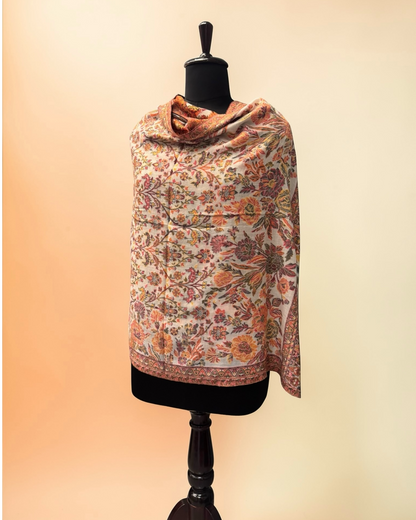 Ivory Wool Kani Woven Stole | Dense Floral Jaal & Striped Pallu